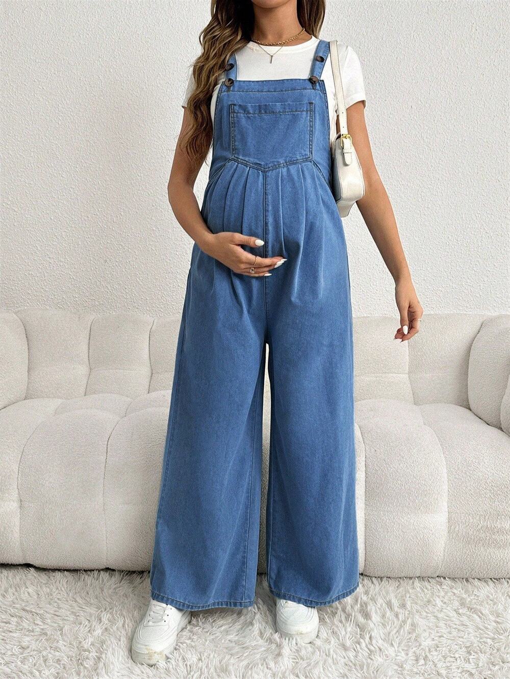 Maternity Women’s Overalls Denim Look Wide Leg Adjustable Straps Size Medium